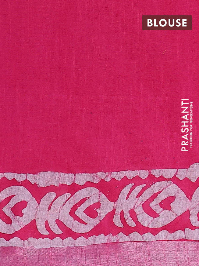 Linen cotton saree pink with allover batik butta prints and silver zari woven border