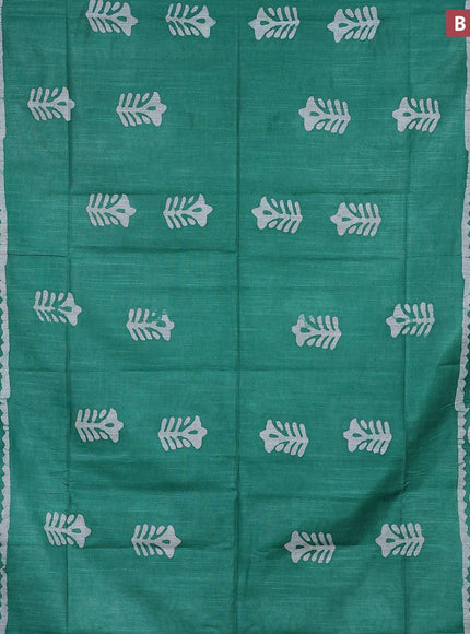 Linen cotton saree green with allover batik butta prints and silver zari woven border