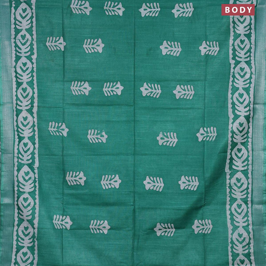 Linen cotton saree green with allover batik butta prints and silver zari woven border