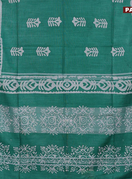 Linen cotton saree green with allover batik butta prints and silver zari woven border