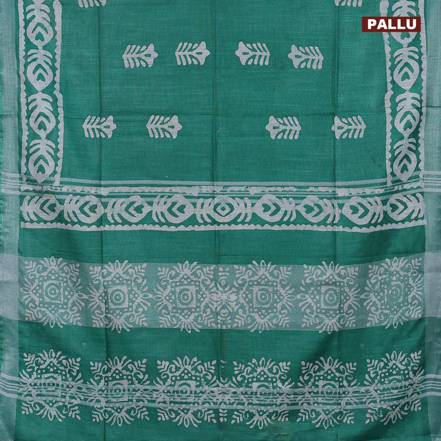 Linen cotton saree green with allover batik butta prints and silver zari woven border