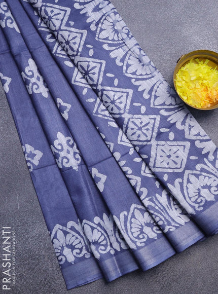 Linen cotton saree grey with allover batik butta prints and silver zari woven border