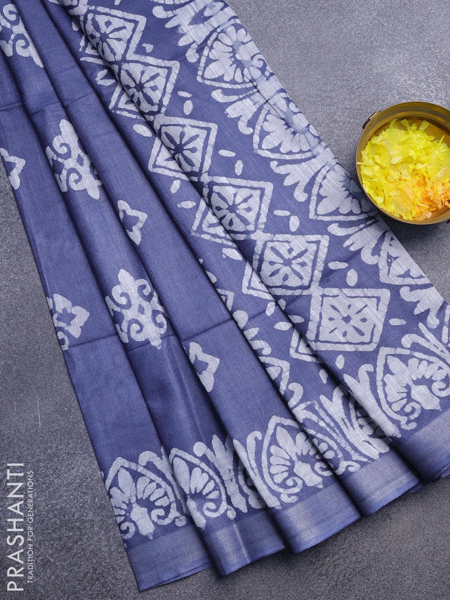 Linen cotton saree grey with allover batik butta prints and silver zari woven border