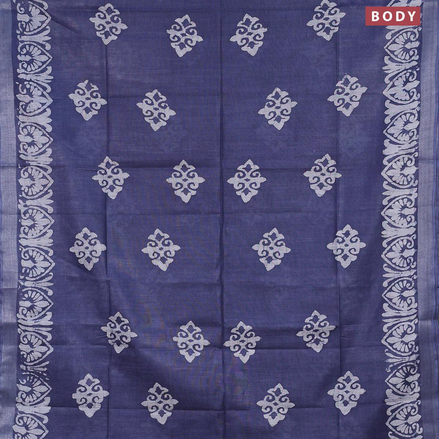 Linen cotton saree grey with allover batik butta prints and silver zari woven border