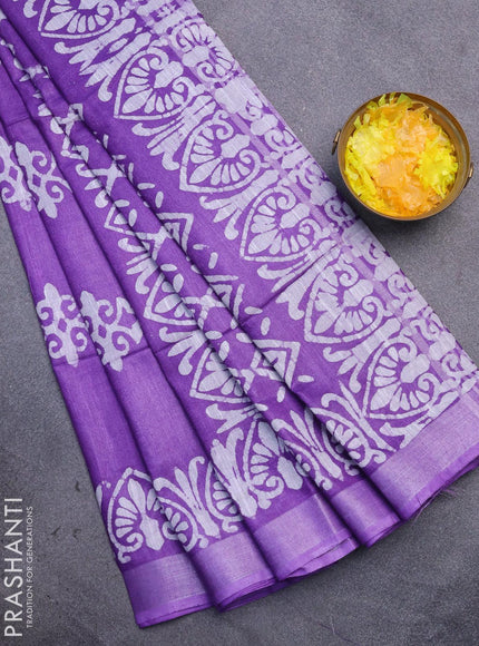 Linen cotton saree lavender shade with allover batik butta prints and silver zari woven border