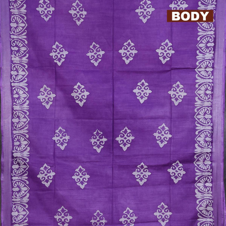 Linen cotton saree lavender shade with allover batik butta prints and silver zari woven border