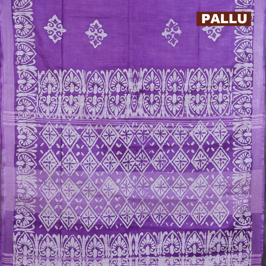 Linen cotton saree lavender shade with allover batik butta prints and silver zari woven border