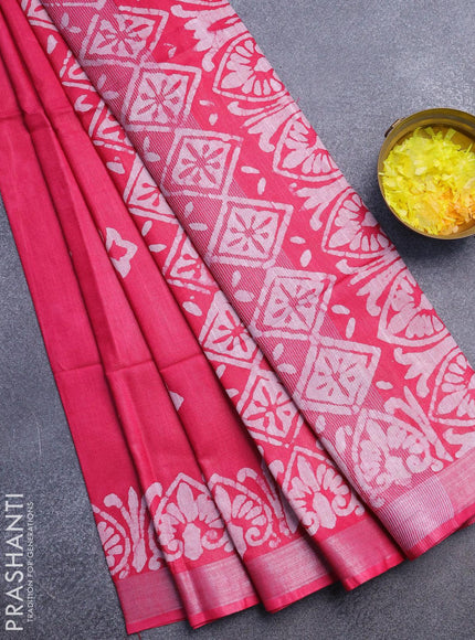 Linen cotton saree pink with allover batik butta prints and silver zari woven border