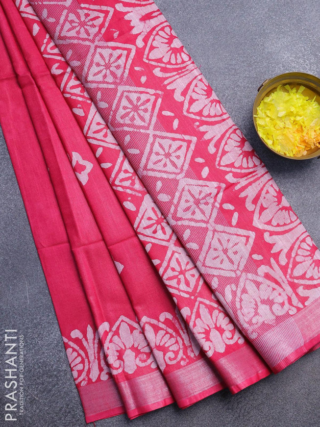 Linen cotton saree pink with allover batik butta prints and silver zari woven border