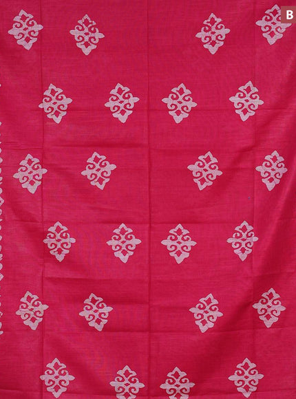 Linen cotton saree pink with allover batik butta prints and silver zari woven border