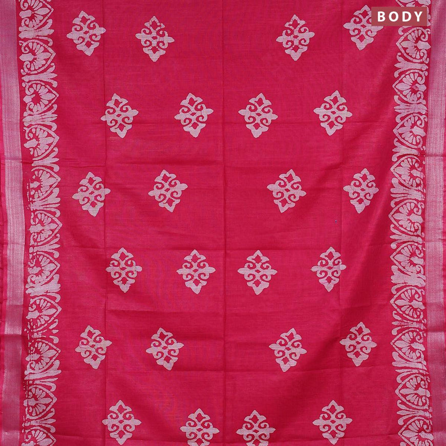 Linen cotton saree pink with allover batik butta prints and silver zari woven border