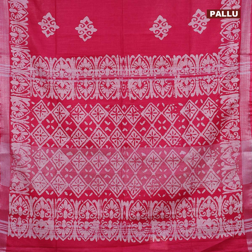 Linen cotton saree pink with allover batik butta prints and silver zari woven border