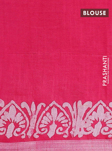 Linen cotton saree pink with allover batik butta prints and silver zari woven border