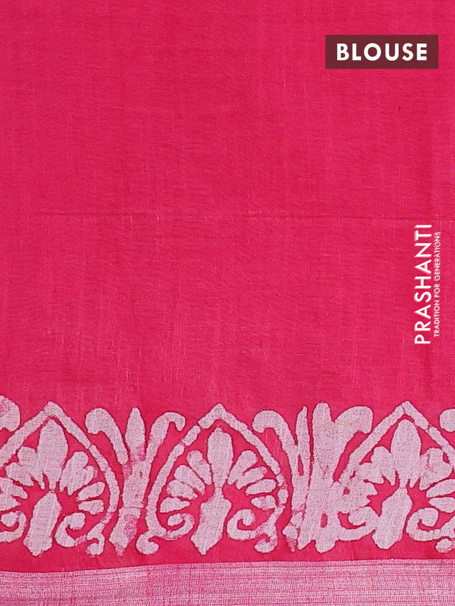 Linen cotton saree pink with allover batik butta prints and silver zari woven border