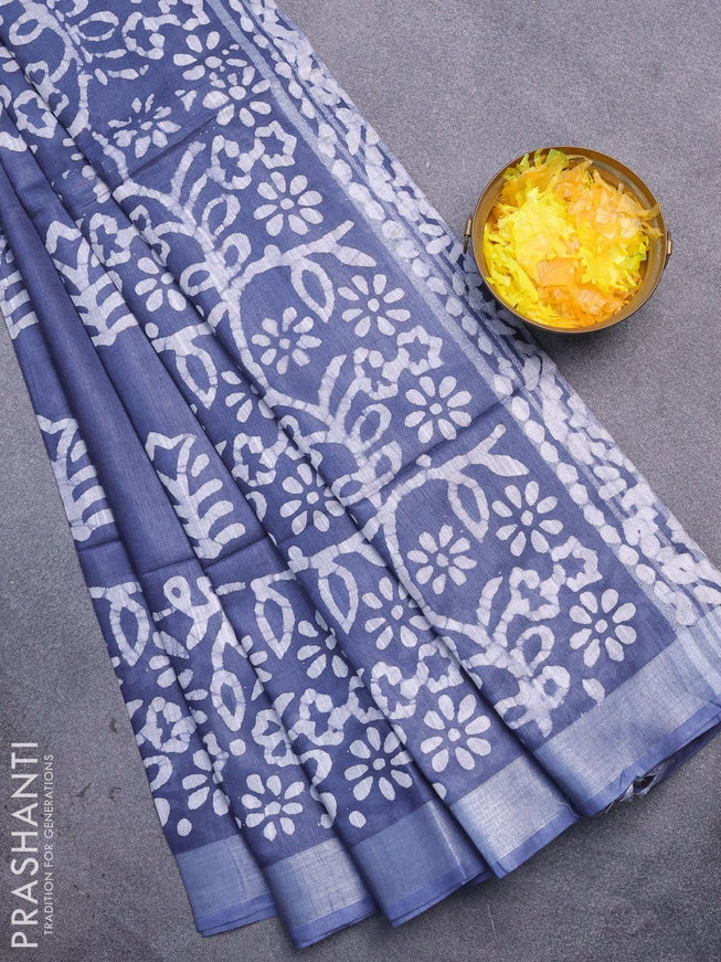 Linen cotton saree grey with allover batik butta prints and silver zari woven border