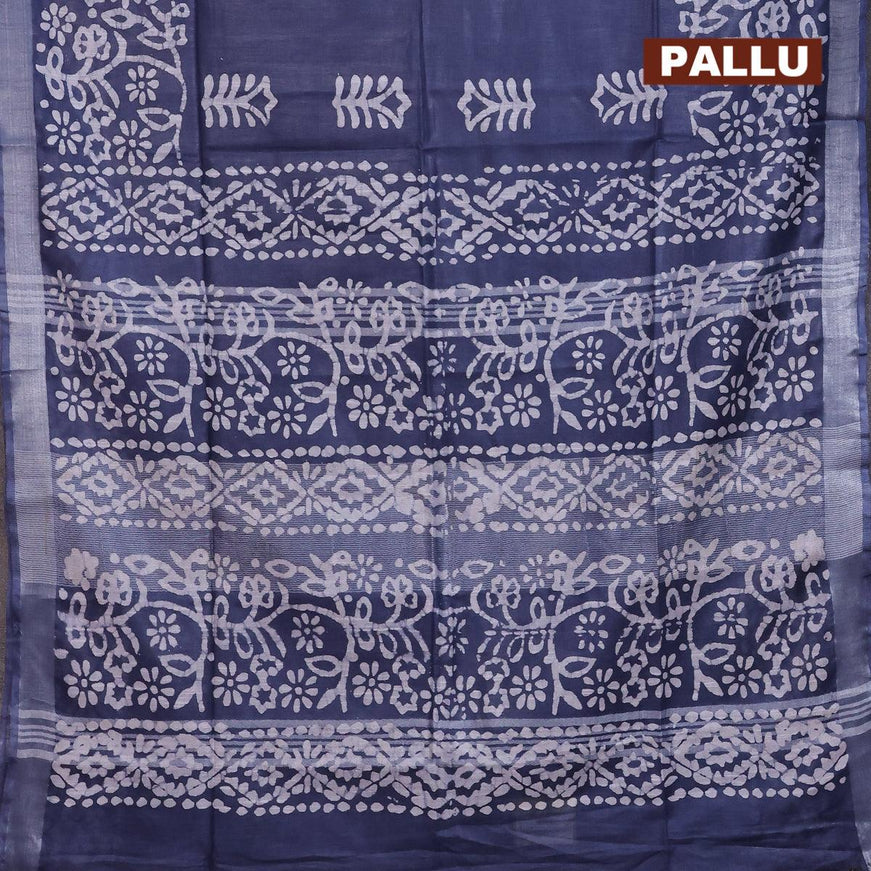 Linen cotton saree grey with allover batik butta prints and silver zari woven border