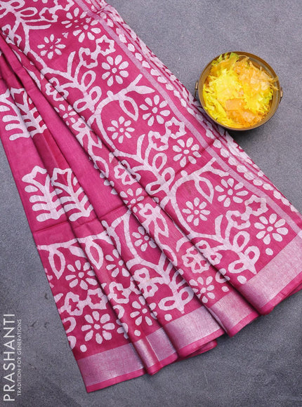 Linen cotton saree magenta pink with allover batik butta prints and silver zari woven border