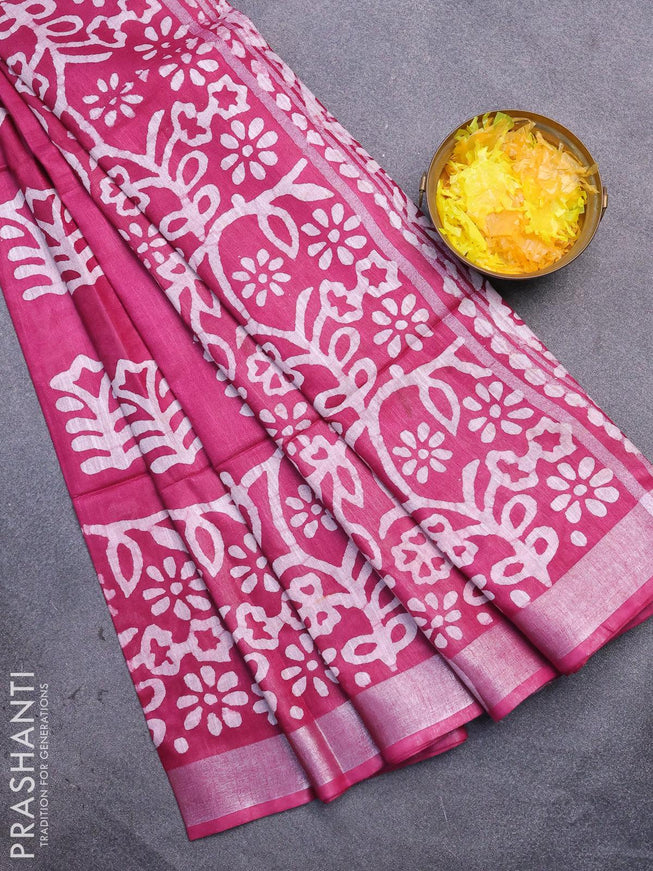 Linen cotton saree magenta pink with allover batik butta prints and silver zari woven border