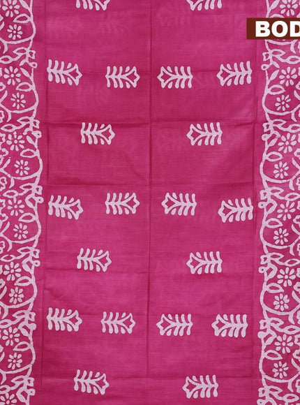 Linen cotton saree magenta pink with allover batik butta prints and silver zari woven border