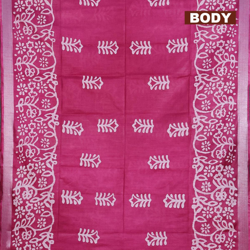 Linen cotton saree magenta pink with allover batik butta prints and silver zari woven border