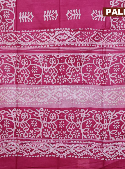 Linen cotton saree magenta pink with allover batik butta prints and silver zari woven border