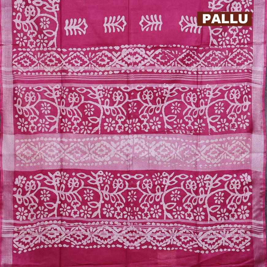 Linen cotton saree magenta pink with allover batik butta prints and silver zari woven border