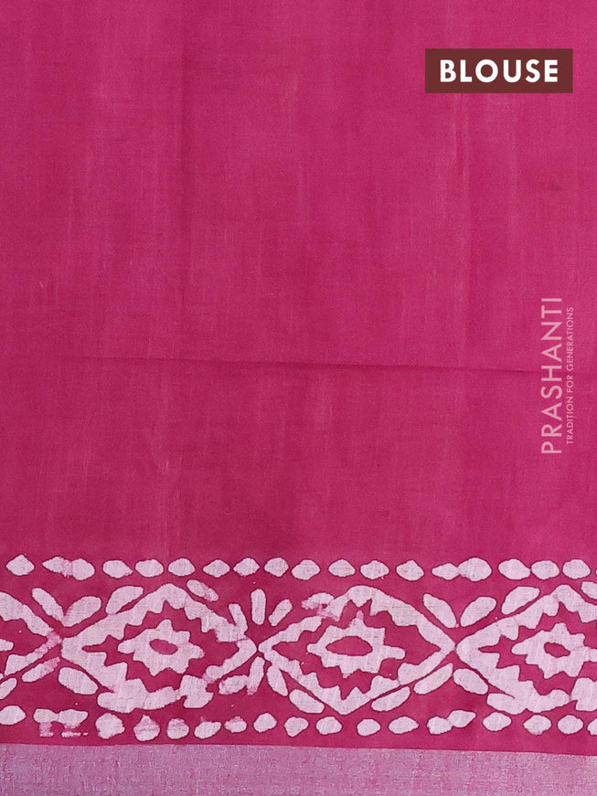 Linen cotton saree magenta pink with allover batik butta prints and silver zari woven border