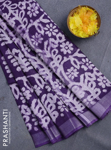 Linen cotton saree violet with allover batik butta prints and silver zari woven border