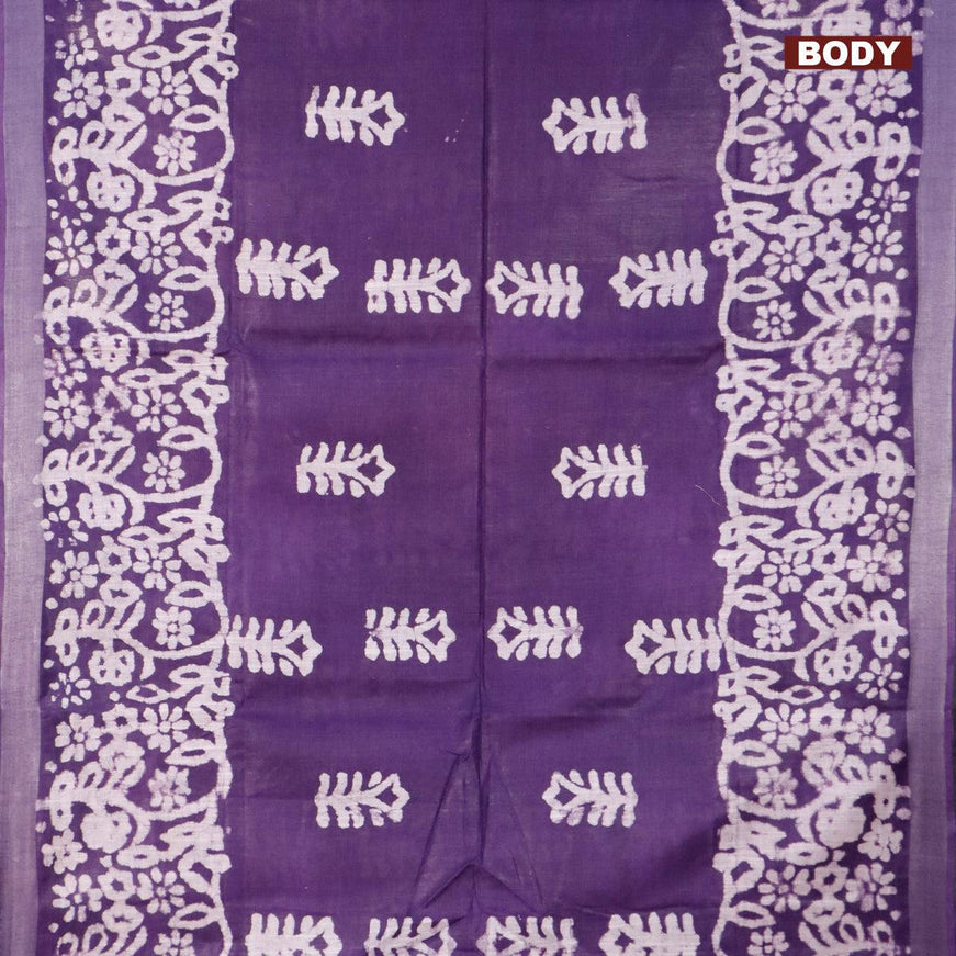 Linen cotton saree violet with allover batik butta prints and silver zari woven border