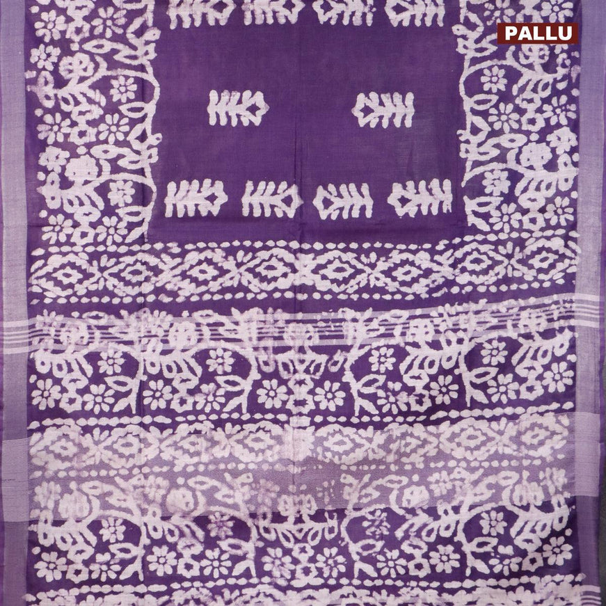 Linen cotton saree violet with allover batik butta prints and silver zari woven border