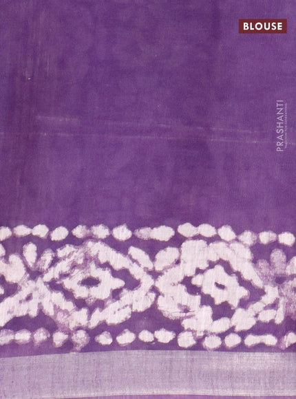 Linen cotton saree violet with allover batik butta prints and silver zari woven border