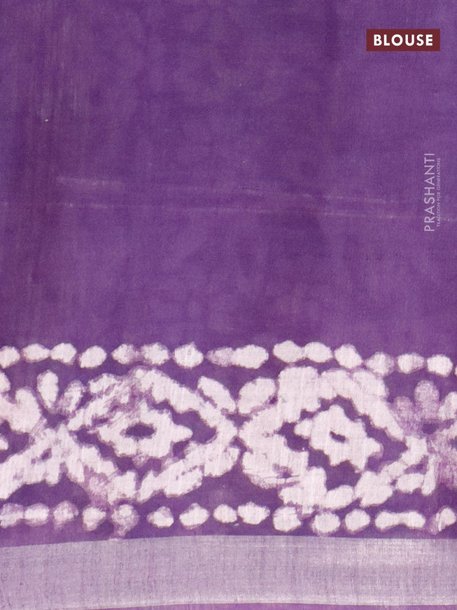 Linen cotton saree violet with allover batik butta prints and silver zari woven border