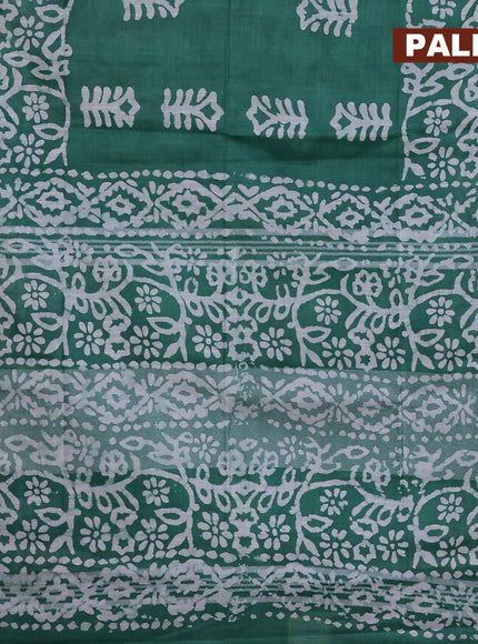 Linen cotton saree green with allover batik butta prints and silver zari woven border