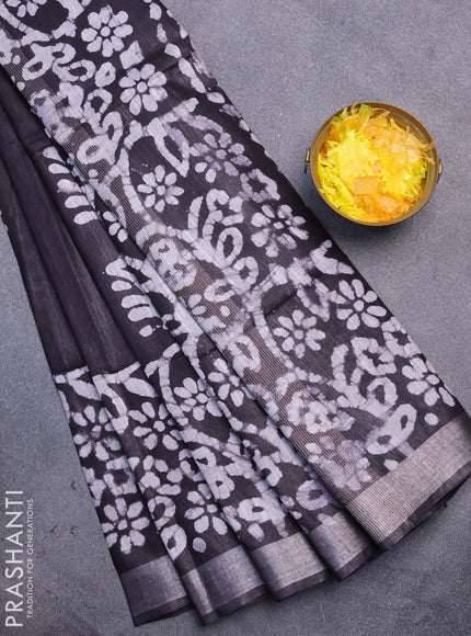 Linen cotton saree deep jamun with allover batik butta prints and silver zari woven border