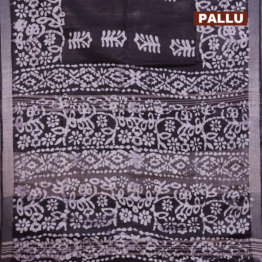 Linen cotton saree deep jamun with allover batik butta prints and silver zari woven border