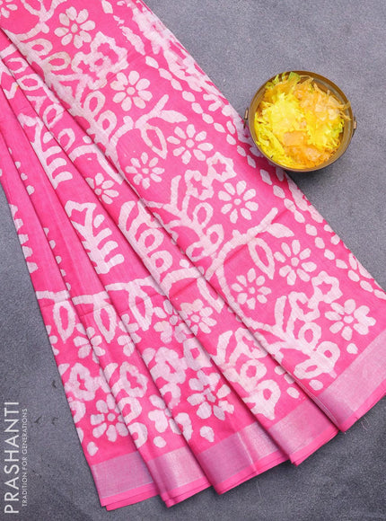 Linen cotton saree pink with allover batik butta prints and silver zari woven border