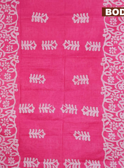 Linen cotton saree pink with allover batik butta prints and silver zari woven border