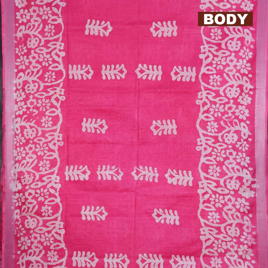 Linen cotton saree pink with allover batik butta prints and silver zari woven border