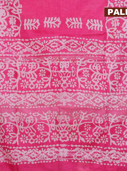 Linen cotton saree pink with allover batik butta prints and silver zari woven border