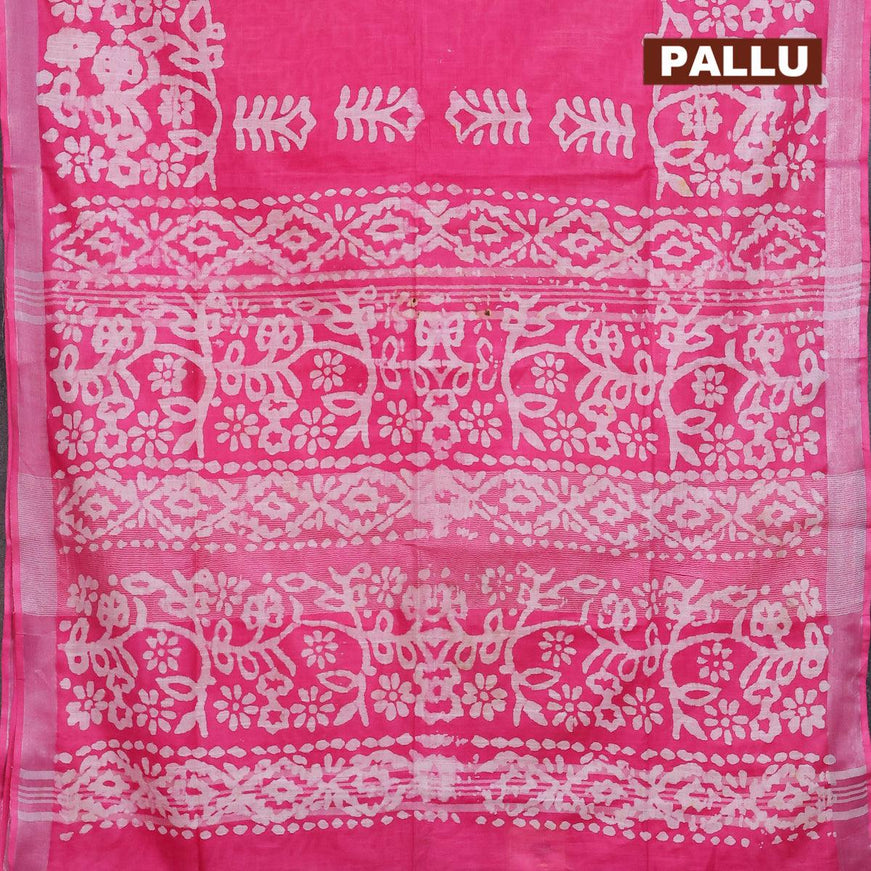 Linen cotton saree pink with allover batik butta prints and silver zari woven border