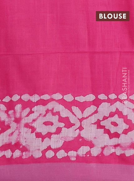 Linen cotton saree pink with allover batik butta prints and silver zari woven border