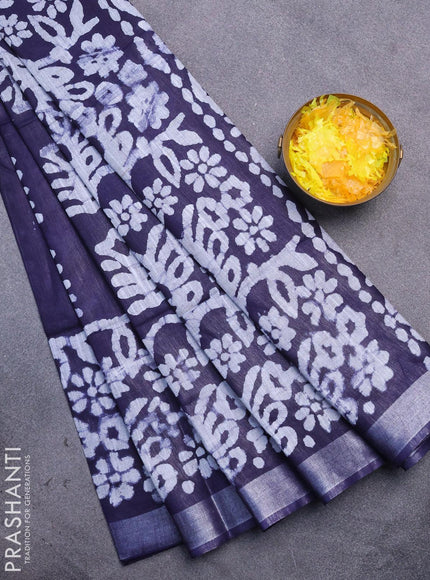 Linen cotton saree navy blue with allover batik butta prints and silver zari woven border