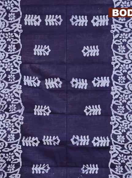 Linen cotton saree navy blue with allover batik butta prints and silver zari woven border