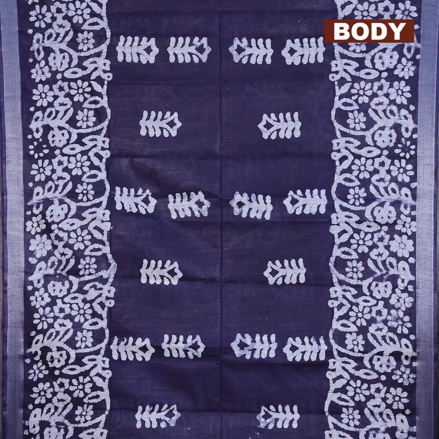 Linen cotton saree navy blue with allover batik butta prints and silver zari woven border