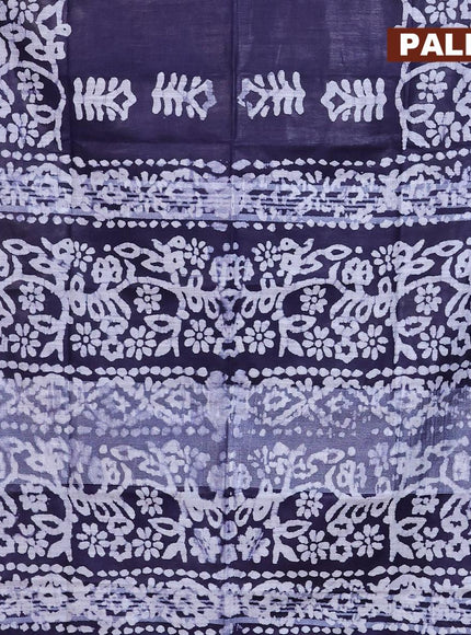 Linen cotton saree navy blue with allover batik butta prints and silver zari woven border