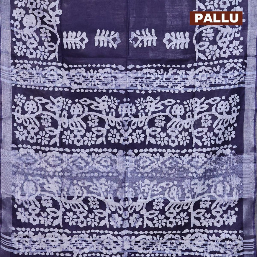 Linen cotton saree navy blue with allover batik butta prints and silver zari woven border