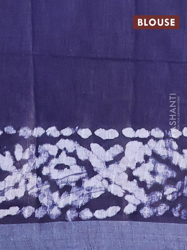 Linen cotton saree navy blue with allover batik butta prints and silver zari woven border