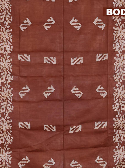 Linen cotton saree brown shade with allover batik butta prints and silver zari woven border