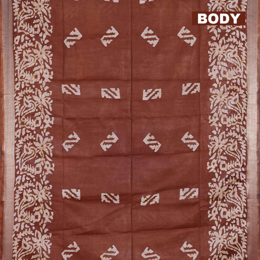 Linen cotton saree brown shade with allover batik butta prints and silver zari woven border