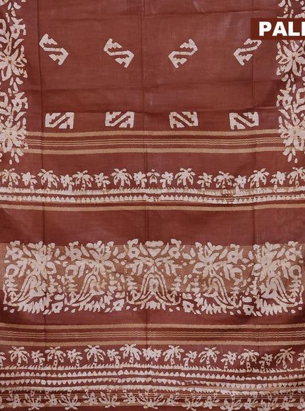 Linen cotton saree brown shade with allover batik butta prints and silver zari woven border